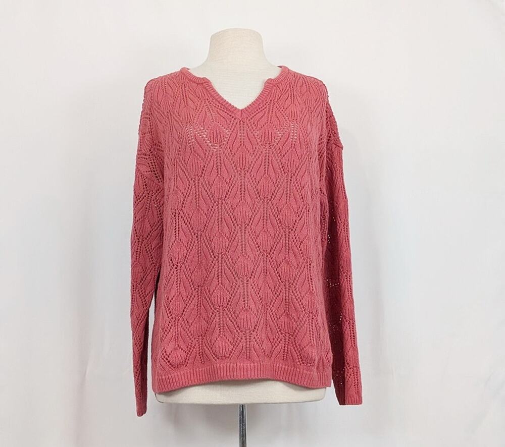 Peace Love World Sweater Dark Rose Pink Open Stitch Novelty Women's Size M